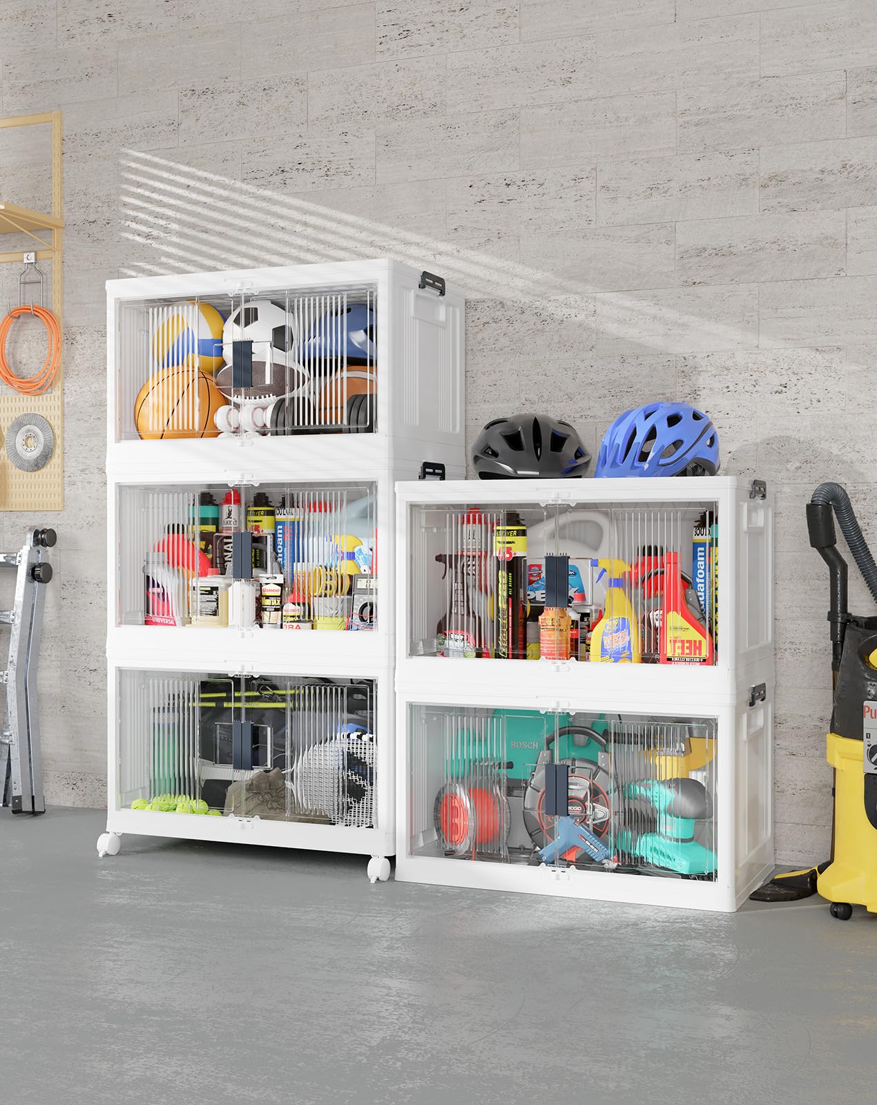 OlarHike 97QT Stackable Storage Bins with Lids - Folding Storage Box with Doors and Wheels, Collapsible Plastic Storage Drawers for Closets and Organization, Garage, 5 Pack Cubes