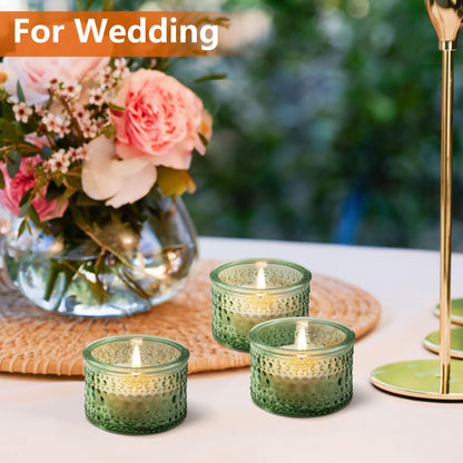 JOYIT Green Votive Candle Holders Bulk Set of 4, Tealight Candle Holder for Wedding Table Centerpiece, Glass Small Candle Holders for Birthday Party, Valentine's Day, Home Decor (2''X 1.4'')