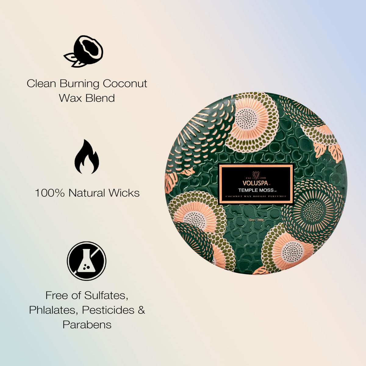 Voluspa Temple Moss, 3 Wick Tin Candle, 12oz, 40 Hour Burn Time, Coconut Wax Candle for The Home, Handcrafted in the USA