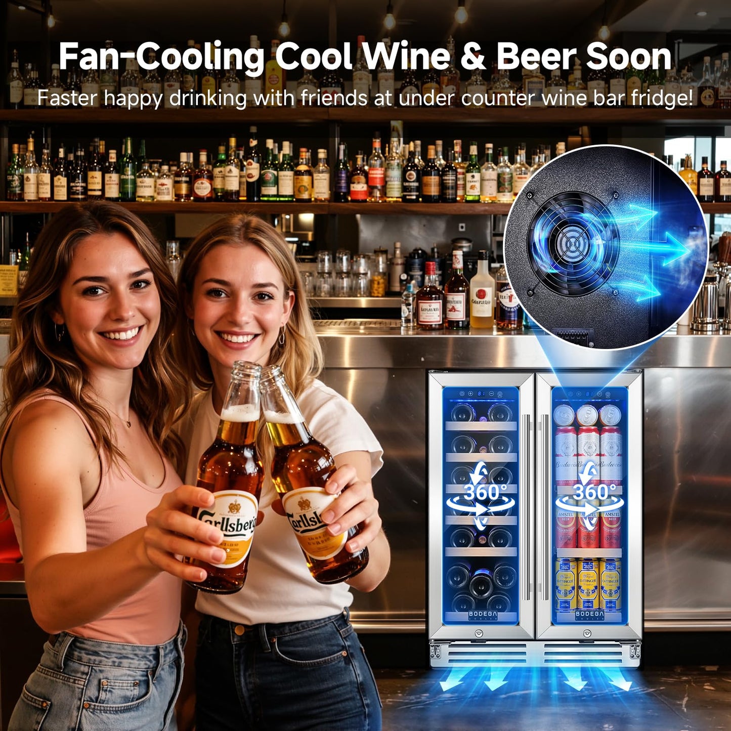 BODEGA COOLER Wine and Beverage Refrigerator, 24 Inch Dual Zone Wine Fridge, Holds 20 Bottles and 74 Count, French Doors, Under-counter or Freestanding Wine Cooler, Beverage Fridge with Tempered Glass