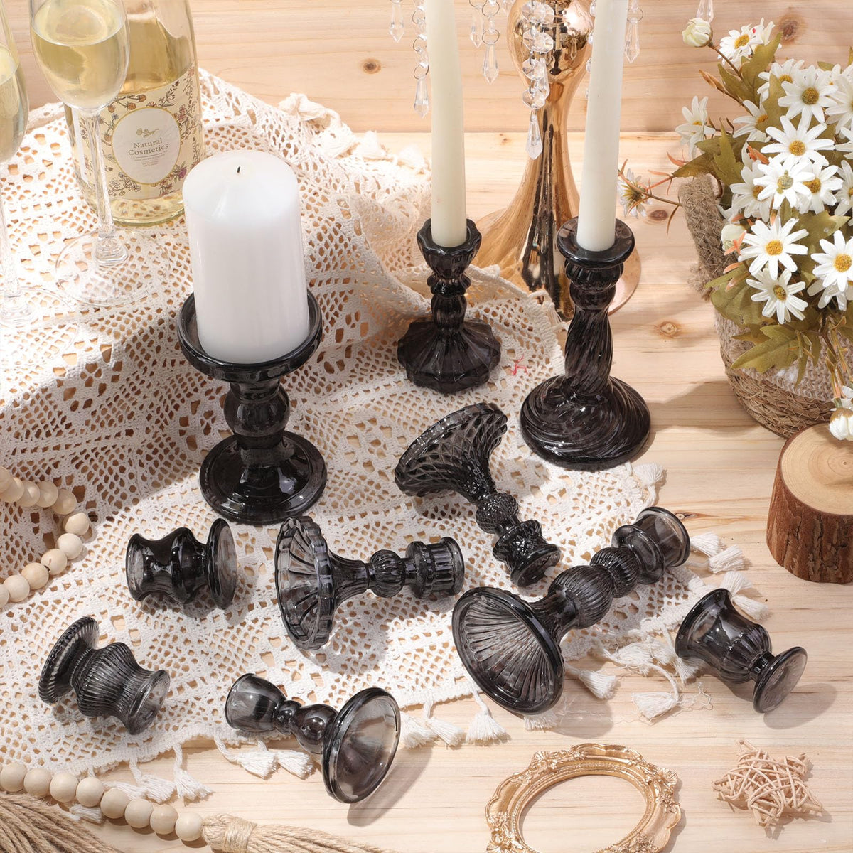 Mumufy 20 Pcs Glass Crystal Taper Candle Holders Clear Glass Candlestick Holder Fit 0.8 Inch Candles Crystal Decorative Candle Stand Centerpiece Table Wedding Dining Party (Black)