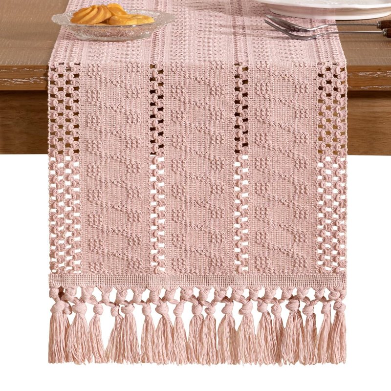 Socomi Boho Table Runner Easter Spring Farmhouse Rustic Dining Kitchen Centerpiece Decor Small Macrame Woven Cotton Linen Coffee Table Runner for Dresser Scarf Home Decor 12x36 in Pink