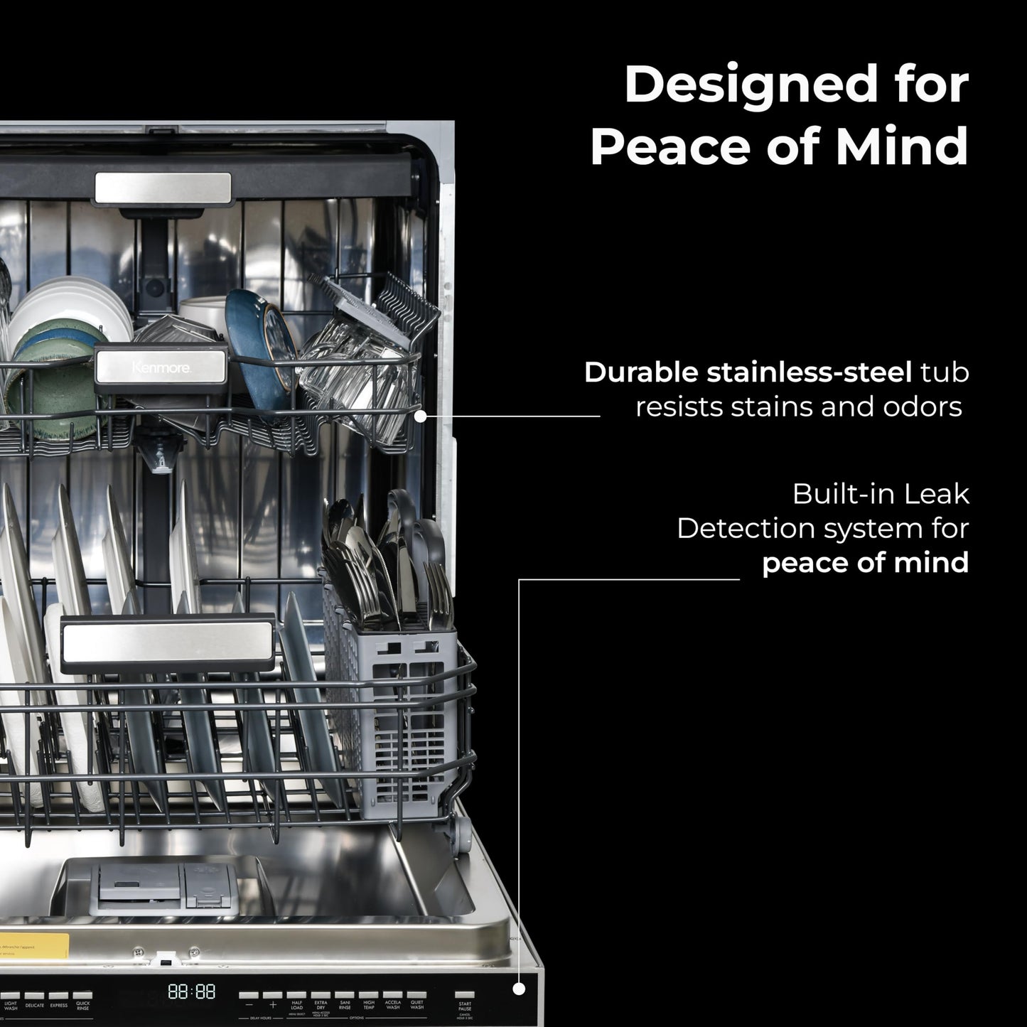 Kenmore 24" Built-In Dishwasher - Quiet Tub with TurboDry, Leak, & SmartWash Soil Detection - 15 Place Settings - 49 DBA - ENERGY STAR Certified - Fingerprint Resistant Stainless Steel