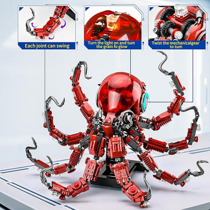 Mechanical Octopus Building Sets for Adult Ocean Animal Collection Toy with Display Stand and Light Home Office Decor and Idea Gift for Teen 14+(882PCS)