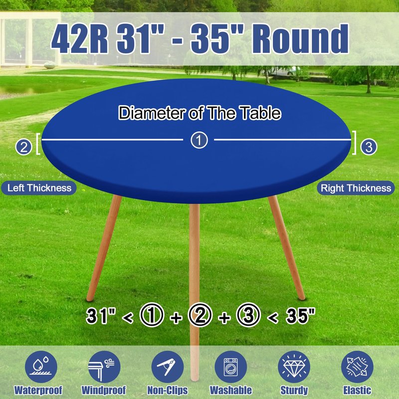Moosfor Round Spandex Tablecloth, Elastic Fitted Waterproof Tablecloths for 31"-35" Tables, Stretch Washable Picnic Table Cover for Camping, Dining, Indoor and Outdoor, Blue