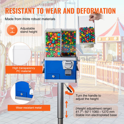 VEVOR Commercial Vending Machine, Four Compartment Rotatable Gumball and Candy Dispenser, Adjustable Height Coin Operated Candy Bank with Iron Stand, for Business Toy Capsules Bouncy Balls Nut, Blue