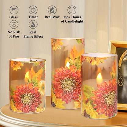 Silverstro Flameless Candles Chrysanthemum Decal with Remote & Timer - Real Wax Flickering Battery Operated Candles - Home Farmhouse Holiday Spring Decorations - Set of 3