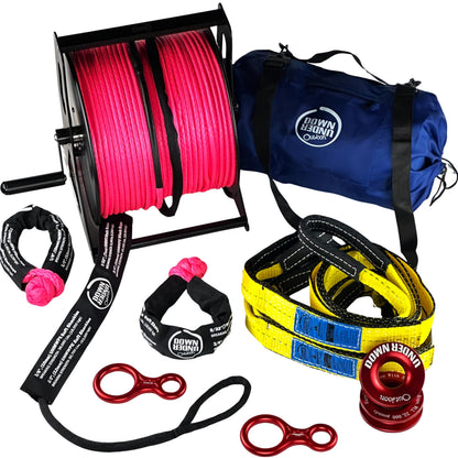 DOWN UNDER OUTDOORS Game/Log/4x4 Recovery Kit, Deer Drag, 650 ft of 9/32” (11,460 lbs) Winch Rope on Metal Reel, 2 Tree Savers, 2 Soft Shackles, 2 Snatch Rings, 2 Figure 8 Rings, Gear Bag