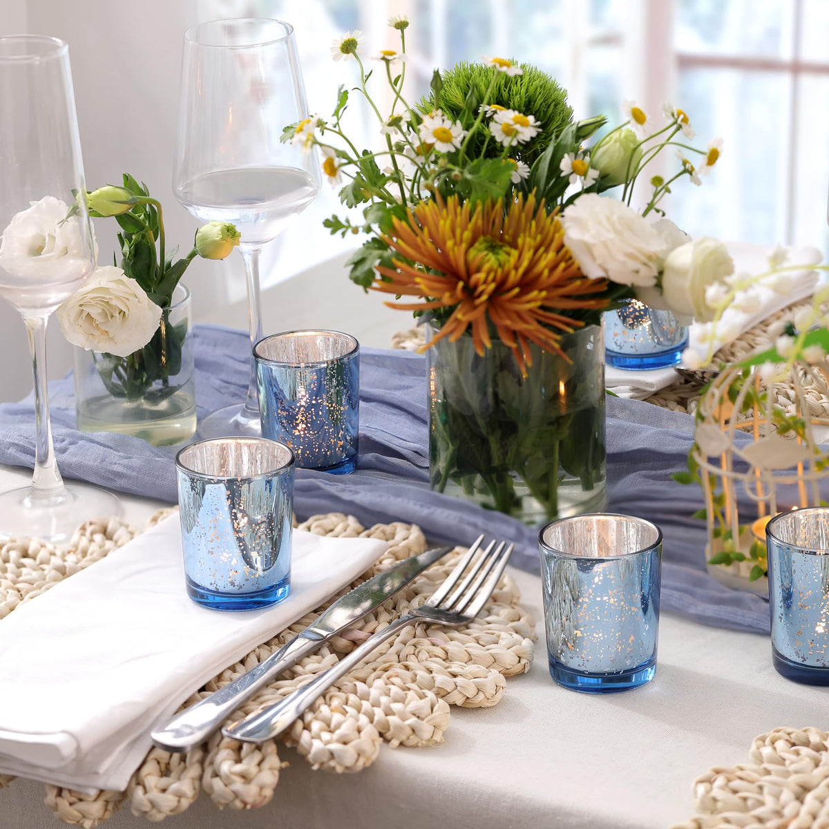 Volens Blue Votive Candle Holders Bulk, Mercury Glass Tealight Candle Holder Set of 12 for Wedding Centerpiece Table Decorations, Bridal Shower and Home Decor