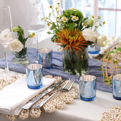 Volens Blue Votive Candle Holders Bulk, Mercury Glass Tealight Candle Holder Set of 12 for Wedding Centerpiece Table Decorations, Bridal Shower and Home Decor