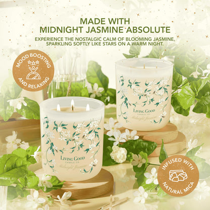 Midnight Jasmine Beeswax Candle - Nostalgic Soft Jasmine with Pink Pepper & Vanilla - Subtle & Refreshing - 90+ Hours of Clean & Non-Toxic Burn - Hand-Drawn Jar - Perfect Unique Gift - 15 OZ
