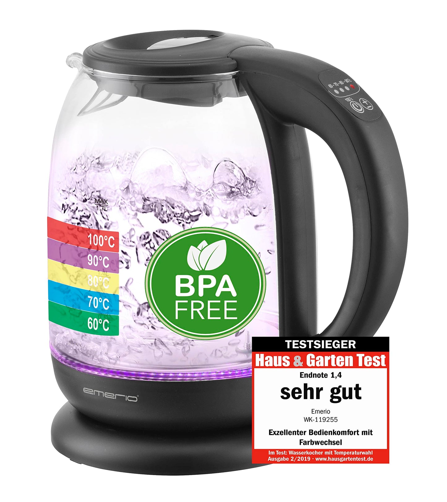 Emerio WK-119255 Electric Kettle Glass, 2200 W, 1.7 liters, Stainless Steel, Transparent Black [Energy Efficiency Class A+]