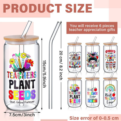 Uiifan 6 Pack 2026 Graduation Glass Cup Teacher Appreciation Gifts Bulk with Lids and Straws 16oz Drinking Drinkware Glasses Coffee Mugs Female Graduate Presents for Teacher