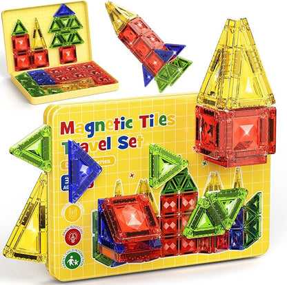 Mini Magnetic Tiles Travel Set - 40PCS Diamond Texture Magnetic Building Blocks for Kids 10% Thicker &amp Portable Yellow Metal Storage Box Montessori STEM Educational Toys Gift for Ages 3+