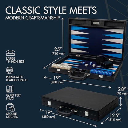 19 Inch Premium Backgammon Sets for Adults Leather Black - Blue. Premium 1.6 Inch Checkers &amp Dice Set Travel Backgammon Set Large Backgammon Board Game Backgammon Game Set