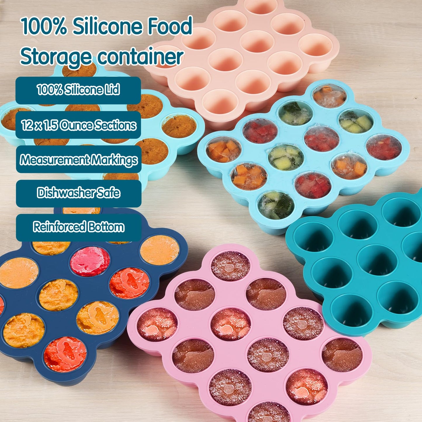 HIWOOD Baby Food Storage - 12 x 1.5OZ Silicone Freezer Tray with Lid, Containers for Homemade Purees - Midnight Blue