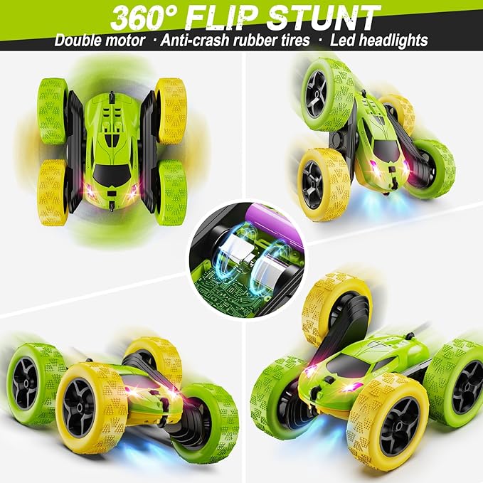 Remote Control Car RC Car Toys for 6-12 Year Old Boys Off Road RC Stunt Car 4WD 360° Rotating Remote Control Car for Kids Boys Girls Gifts for Birthday Christmas Yellow&ampGreen