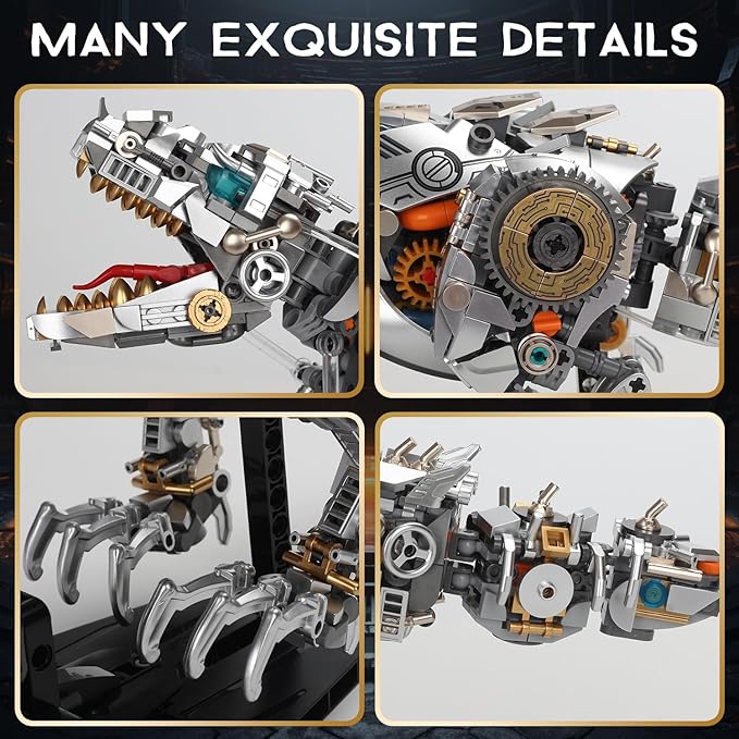 Mechanical Dinosaur Building Blocks Linkage Kit Jurassic Animal Tyrannosaurus Rex Model with Lighting &amp Display Stand STEM Toy DIY Desktop Ornament for Kids Ages 12+ Birthday Gift Idea