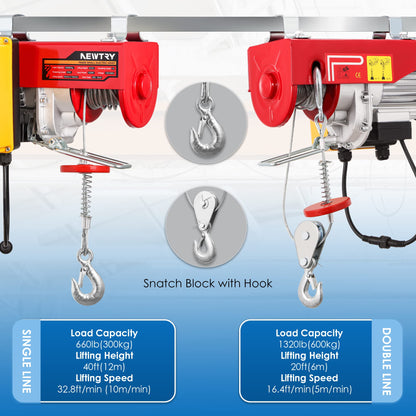 NEWTRY 1320lb & 660lb Electric Hoist Winch, 1200W Wireless/Wired Control 2 in 1, 110V Single & Double Slings Portable Hoist Winch for Garage Factories Warehouse