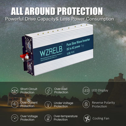 WZRELB 3000W Pure Sine Wave Inverter 24V DC to 110V 120V AC Power Converter with LED Display, Hardwire Terminal,Off-Grid Portable Power Inverter with Dual AC Outlets for Home, RV, Truck, Camping