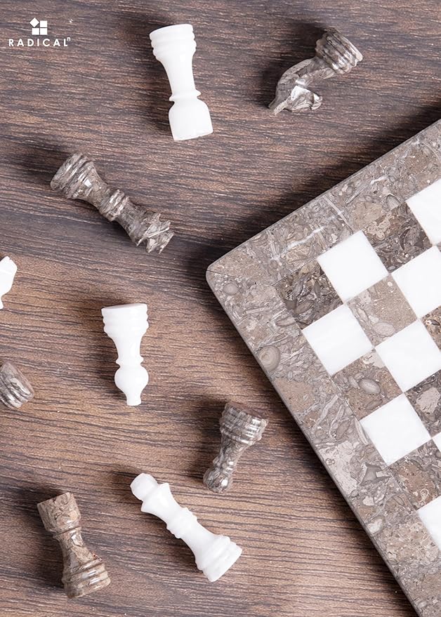 Radicaln Marble Chess Set 12 Inches Grey Oceanic and White Handmade Classic Strategy Board Game Ideal Chess Board &amp 32 Pieces for Adults