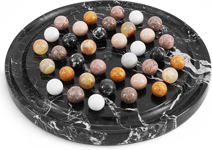 Marble Solitaire Game 10 Inch Black Handmade Peg Solitaire Board Game with Marbles Classic Marble Puzzle Game for Adults Modern Tabletop Brain Teaser