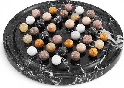 Marble Solitaire Game 10 Inch Black Handmade Peg Solitaire Board Game with Marbles Classic Marble Puzzle Game for Adults Modern Tabletop Brain Teaser