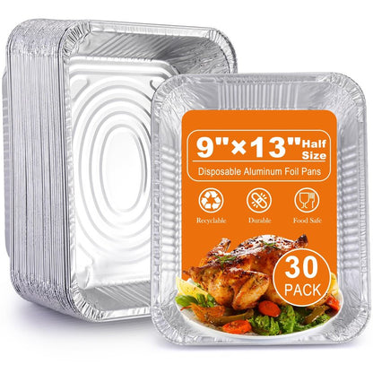 Aluminum Foil Pans 9x13 Disposable – 30 Pack Half Size Aluminum Foil Heavy Duty deep Steam Table Pan, Tin foil Turkey Sheets Tray Chafing Grill Accessories for Cooking, Baking, Storing, Food Prepping