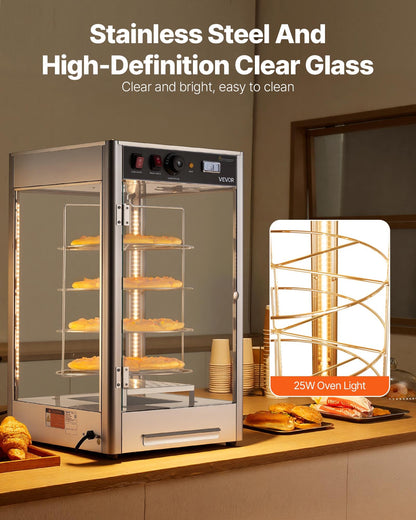VEVOR Commercial Food Warmer Display, 4-Tier Pizza Warmer with Rotary Steam Heating for 14 in Pizza, 86℉~185℉ Temperature Control and Temp Display, 25W Oven Light + Top LED for Pizza Shop, Restaurant