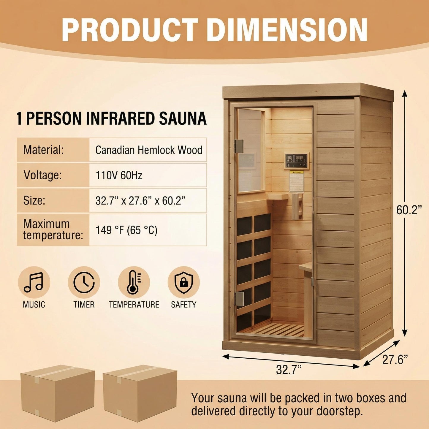 IDEALHOUSE Far Infrared Sauna for Home, 1-2 Person Indoor Sauna Room with Low EMF Heaters, Canadian Hemlock Wood, Warm White Light & Bluetooth Speakers, 1200W/110V Plug & Play, 32.7" x 27.6" x 60.2"