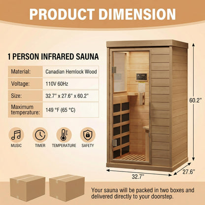 IDEALHOUSE Far Infrared Sauna for Home, 1-2 Person Indoor Sauna Room with Low EMF Heaters, Canadian Hemlock Wood, Warm White Light & Bluetooth Speakers, 1200W/110V Plug & Play, 32.7" x 27.6" x 60.2"