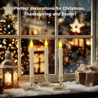 Meigic 6 Pcs Sensor Dawn to Dusk Window Candles, Flickering Battery Candles for Windows, Ultra Bright Fake Candle Lights with Gold Holders, Led Candlesticks for Xmas Home Decor, Warm Yellow Light