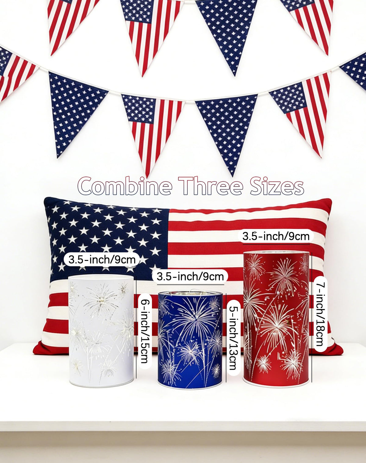 Set of 3 Celebration Fireworks Glass Hurricanes, New Etched Firework Starburst Glass Hurricane Lamp with LED Lights, 250 Anniversary America Centerpieces for Mantel, Dining Table (Warm Light-B)