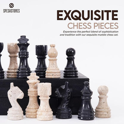 Marble Chess Set for Adults 12 Inch Handmade Travertine and Black Board Game with Storage Box Travel Chess Set for Tabletop with Pieces &amp 2 Extra Queens Gifts &amp Home Décor
