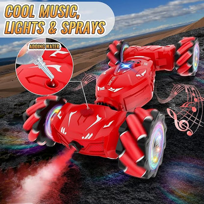Pristar RC Stunt Cars Gesture Sensing Remote Car Toys for 6-12 Boys Girls 2.4Ghz Hand Remote Control Car with Spray Lights Music 360° Rotation 4WD Off-Road Birthday Xmas Gifts for Kids Age 6-12