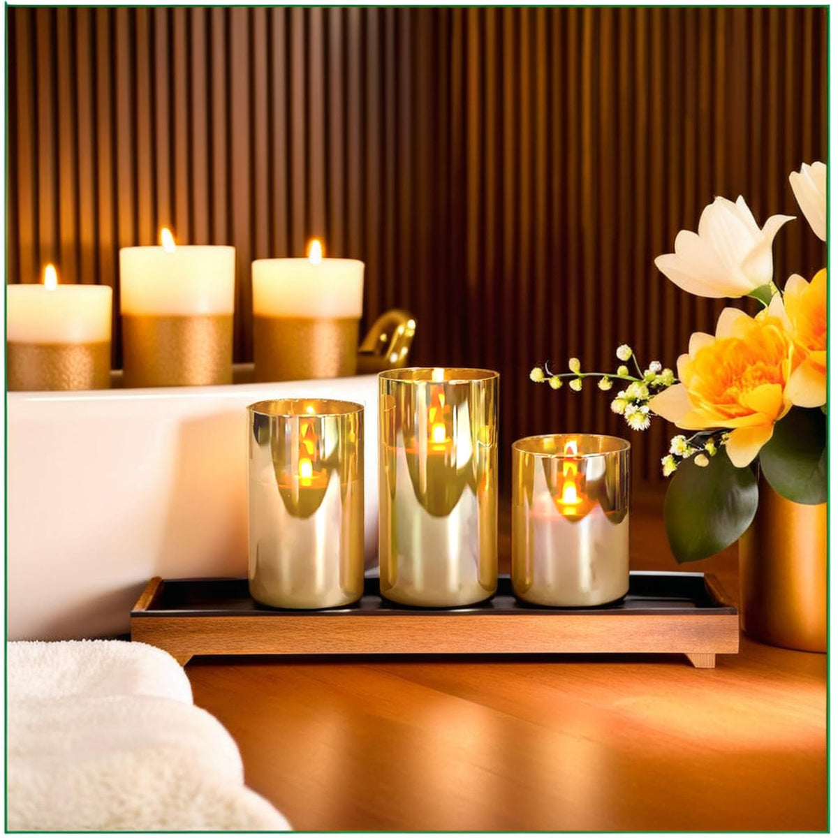 NICEME Radiance Evanescing Flameless Candles with Remote, 3 Pack Glass Battery Operated Candles with Timer, Real Wax Glass LED Candles Flickering Wedding Home Party Christmas D3 x H4 5" 6" Gold