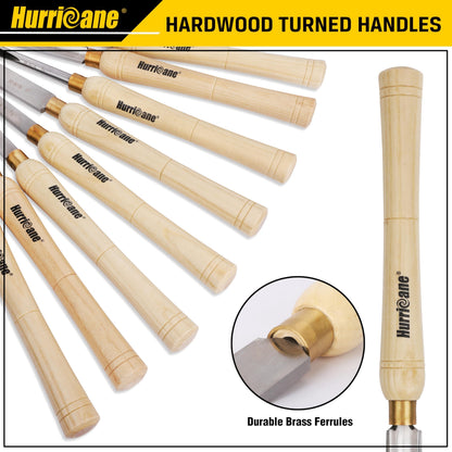 HURRICANE 8pc Wood Lathe Chisel Set, M2 HSS Wood Turning Tools with 10" Solid Hardwood Handles, Lathe Tool Kit for Beginners and DIY Hobbyists, Includes Protective Wooden Box