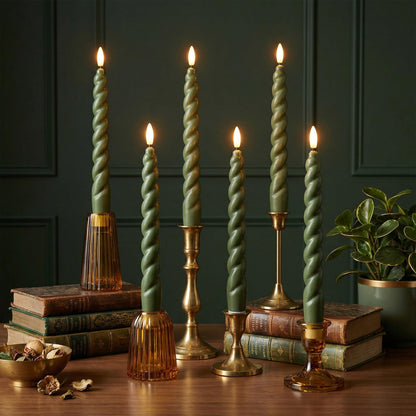 WYZworks 10" Flameless LED Taper Candles – Full Twisted Spiral – Loden Green, Set of 6 – Remote, 2/4/6/8-Hr Timer (24-hr Memory), Bottom On/Off Button, Dimmable, Battery Operated, Flicker/Steady
