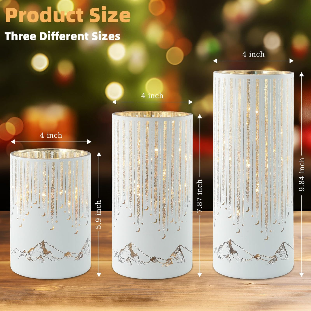 Ashroder Starry Night Hurricane Candleholders with Warm LED Lights & Remote Timer, Elegant Twinkling Decorative Centerpieces for Wedding, Dining Table, Living Room, Mantel Décor, Set of 3 (White)