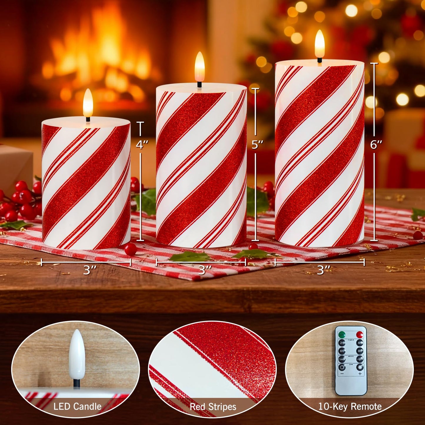 Lumeavetra Christmas Glitter Red Stripes LED Flameless Candles, Battery Operated Real Wax Pillar Candles with Remote and Timer for Holiday Table Centerpieces Home Decorations, Set of 3