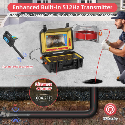 Sanyipace 7MM Sewer Camera, 512Hz Sonde Drain Camera, Self-Leveling Pipe Camera for Plumber, 10.1" Touch Screen, 165FT/50M Borescope Inspection Camera, Distance Counter, Waterproof Plumbing Camera