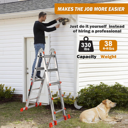 Soctone Ladder, A Frame Extension Ladder, Multi Position with Stabilizer Bar, 330 lbs Weight Rating Telescoping Ladder for Household or Outdoor Work, 14 Ft, Orange
