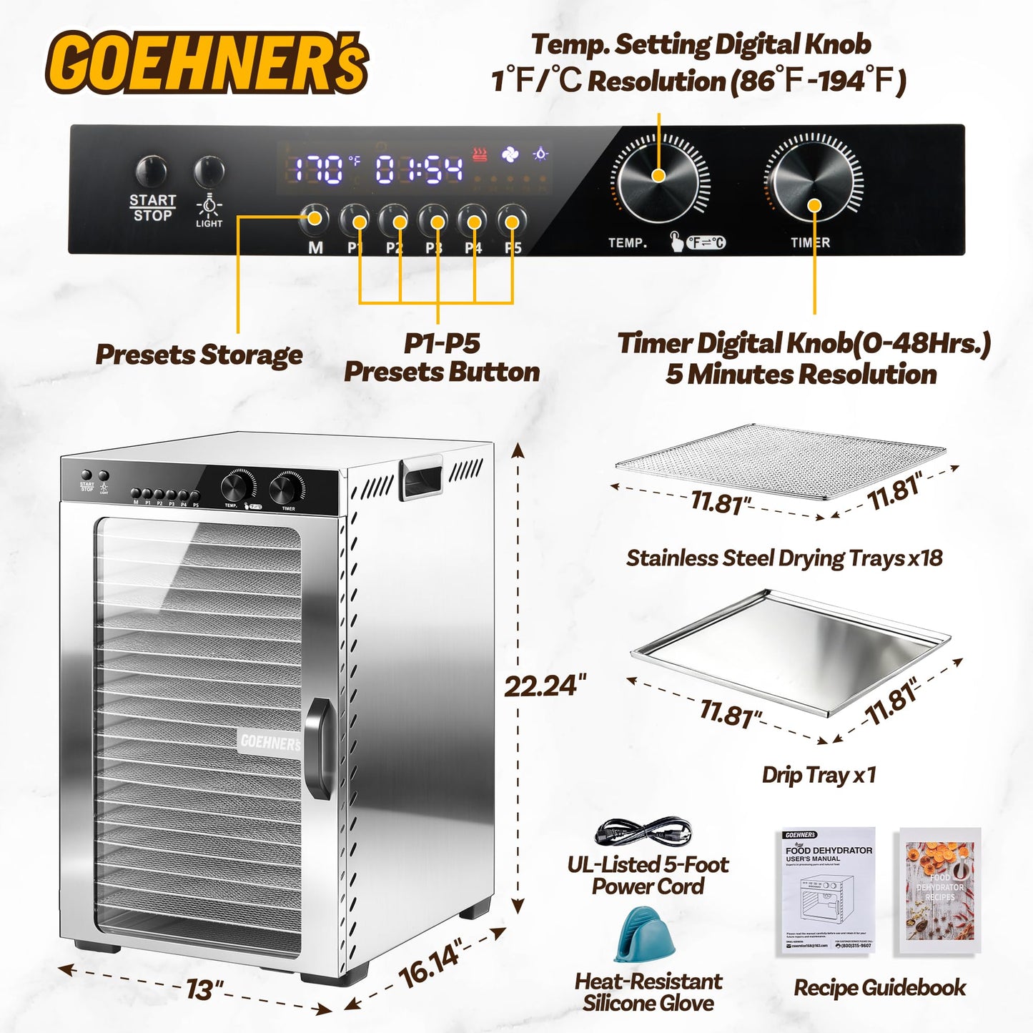 Food Dehydrator Machine 18 Stainless Steel Trays, 18ft² Meat Dehydrator for Jerky Up to 194°F Temperature Control and 5 Presets and 48H Timer, 1000W Food Dryer for Dog Treats, Herbs, Fruit and Veggies
