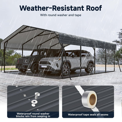 Heavy Duty Metal Carport, 20 x 20FT Outdoor Carport with Galvanized Steel Frame and Roof, Multi-Use Car Shelter for 2 Cars, Pickup, Tractors, Gray