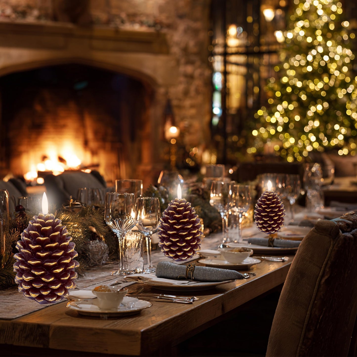 AXYLEX Pine Cone Candles Battery Operated, Pinecones with Remote and Timer, LED Flameless Real Wax Flickering Candle for Christmas Decor. H 5.5 Inch, Pack of 2 (Golden-Brown)