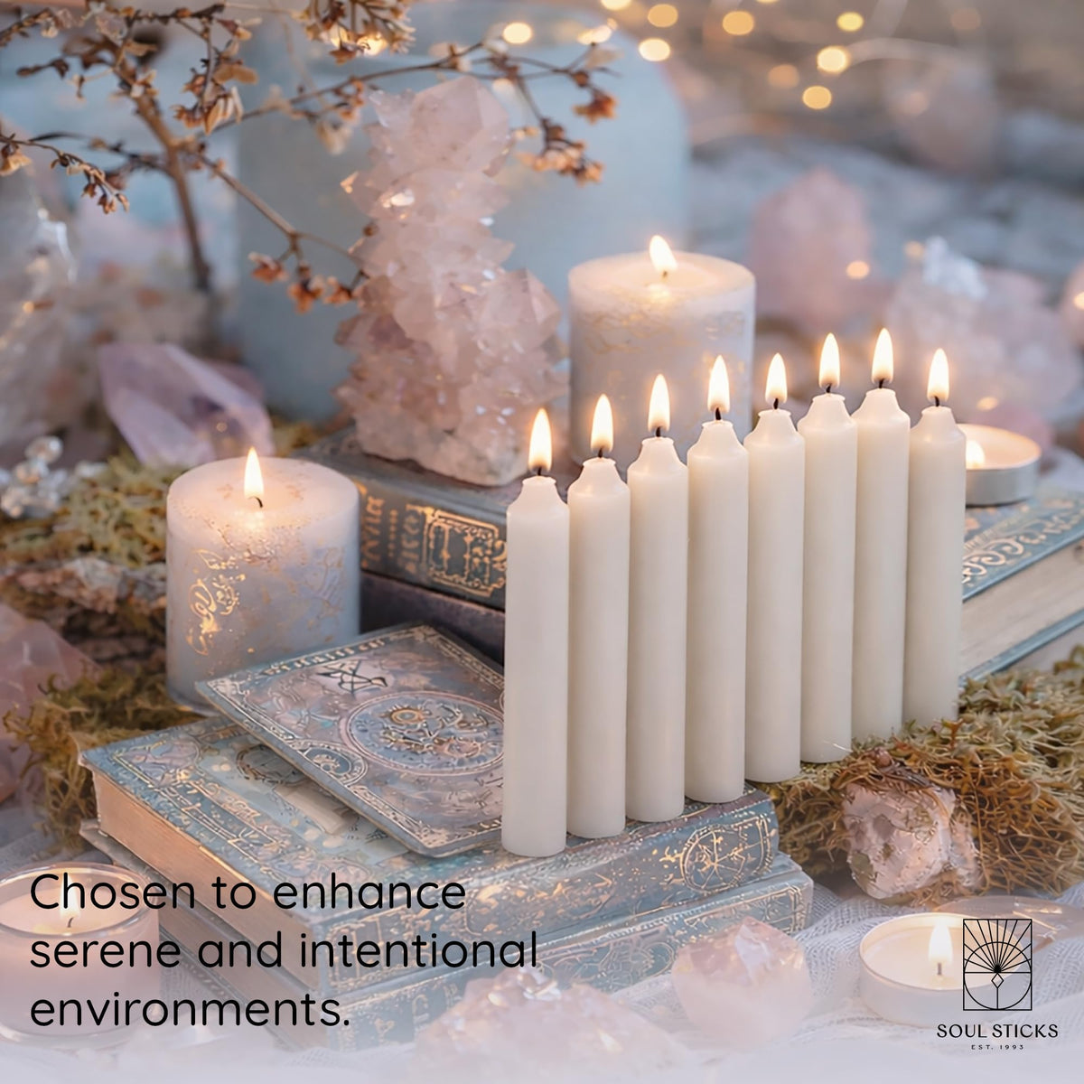 SOUL STICKS Happiness Magic Spell Chime Candles White Taper Candles 20 Pack - Taper Candle White for Altar, Rituals, Ceremonies, Meditation, Witchcraft Supplies, Wiccan, Candles Clearance
