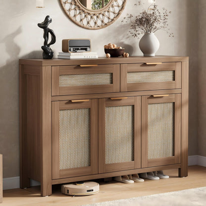 Garvee Rattan Buffet Cabinet, Boho Sideboard with 2 Drawers, Adjustable Shelf, High-Leg Storage Cabinet with Anti-Tip Hardware,for Kitchen,Dining Room,Entryway,Living Room, Light/Dark Oak