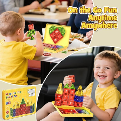 Mini Magnetic Tiles Travel Set - 40PCS Diamond Texture Magnetic Building Blocks for Kids 10% Thicker &amp Portable Yellow Metal Storage Box Montessori STEM Educational Toys Gift for Ages 3+