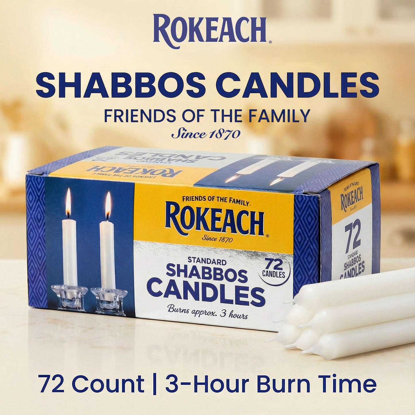 Rokeach Standard Shabbat Candles, 72 Count | White Paraffin Wax Sabbath Candles | 3-Hour Burn Time