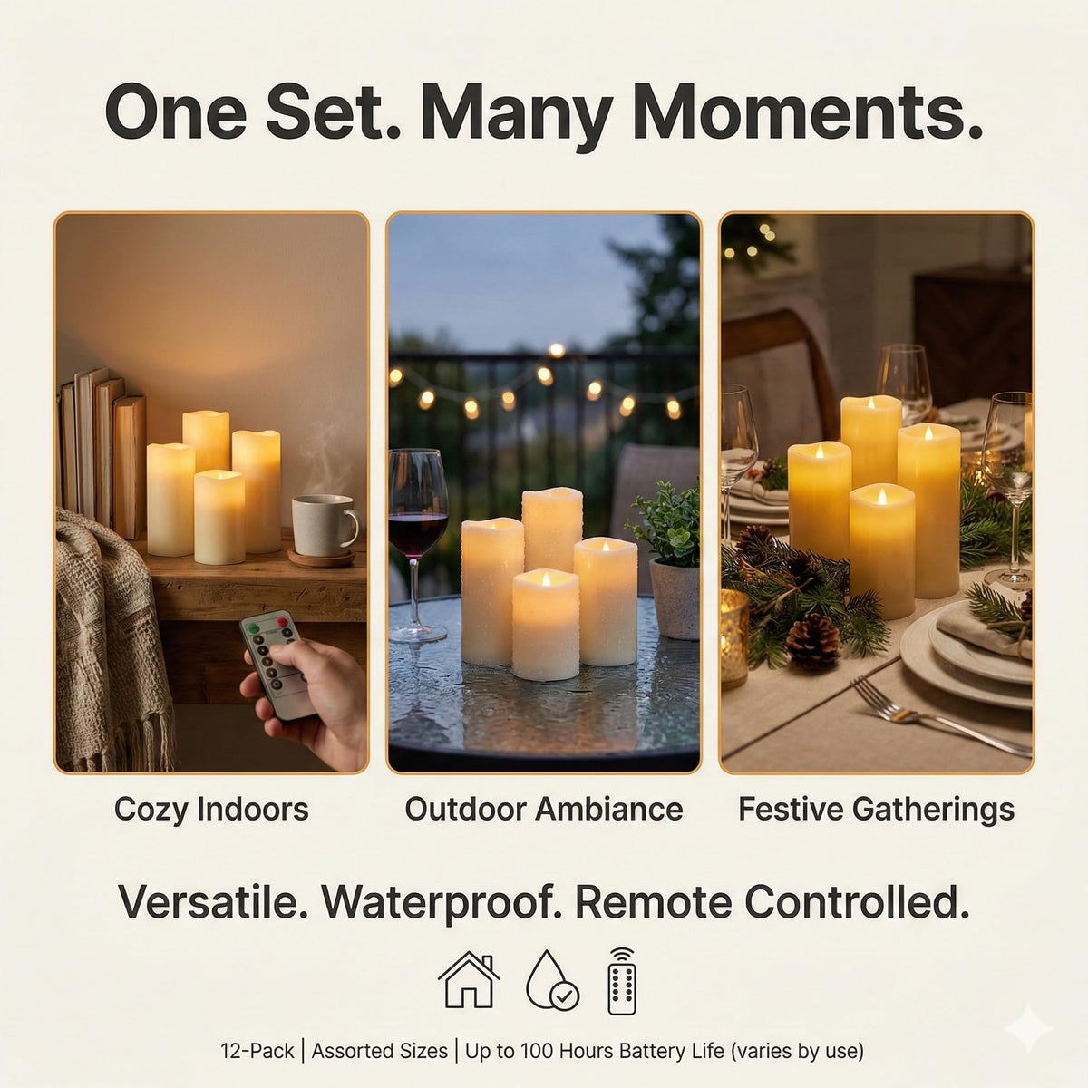 Waterproof Flameless Candles, 12 PC Battery Operated LED Pillar Candles with 2 Remote Controls & Timer, Flickering Indoor Outdoor Candles for Wedding, Patio, Easter, Bathroom, Home Decor, 4''5''6''